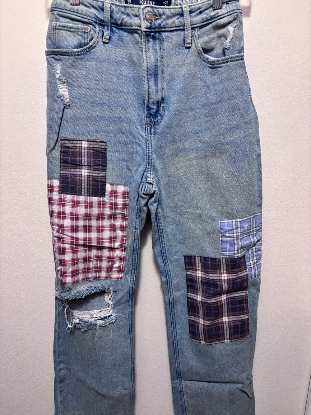 Hollister Light Blue Wide-Leg Jeans with Plaid Patchwork